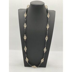 Vintage Black Clear Beaded Necklace 15" Drop Silver Tone Accents